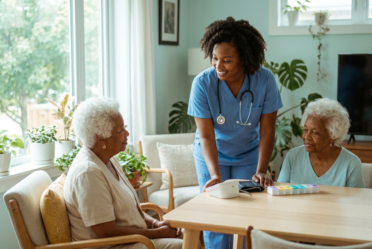 A home health nurse checking on two senior women at home with a blood pressure monitor and weekly pill organizer
