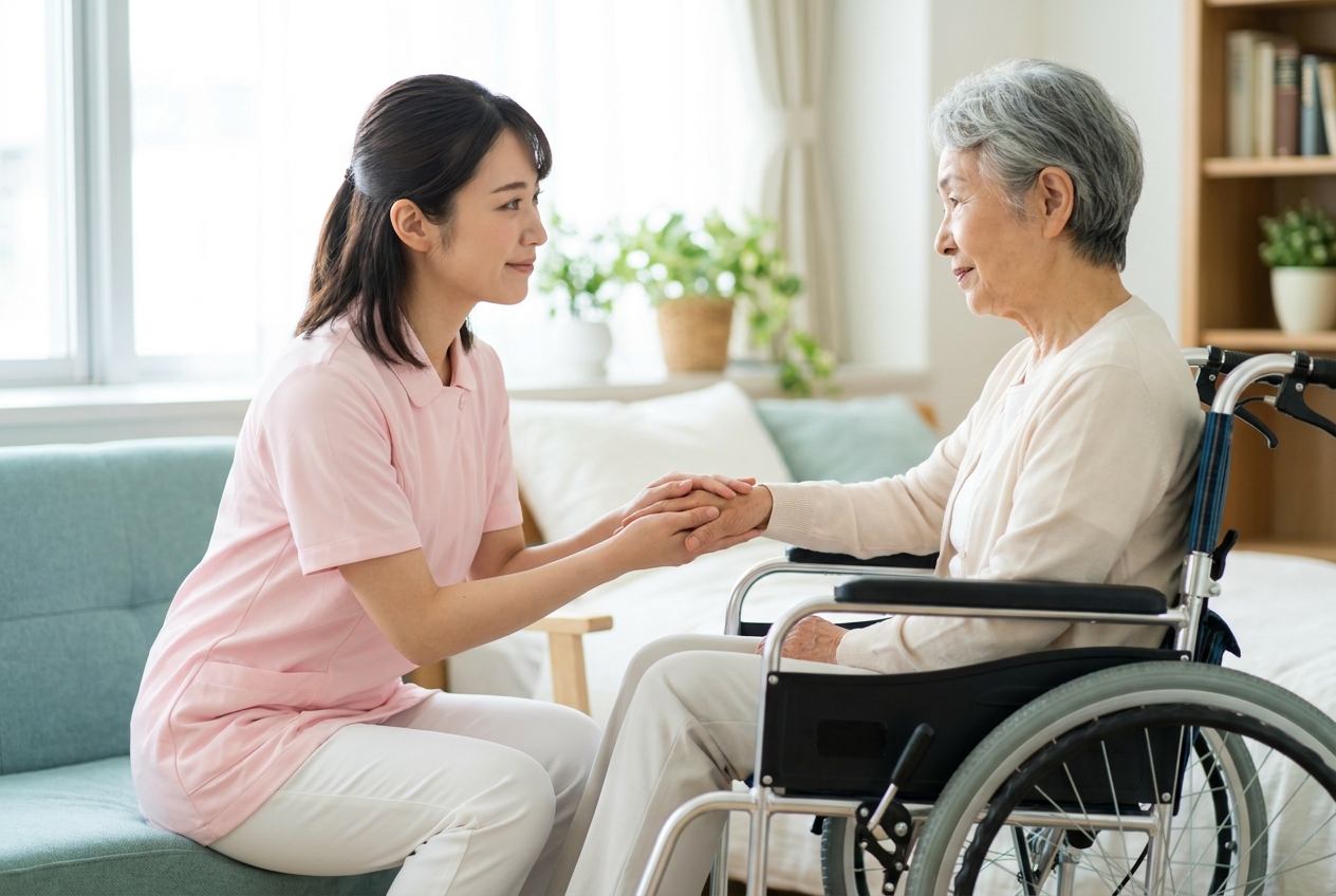 A caregiver gently holding the hand of an elderly woman in a wheelchair — compassionate in-home companion care