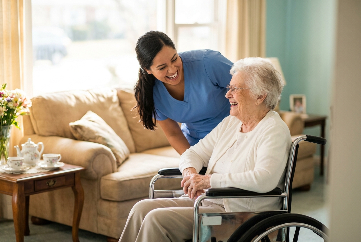 A home caregiver laughing with a senior woman using a wheelchair in a bright living room — in-home senior care in Johnson City, TN